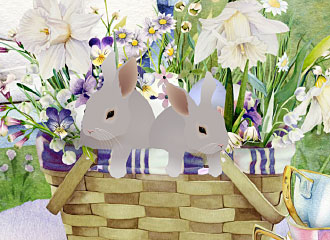 New Baby Girl Bunny Rabbit Basket Swing GLITTERED Congratulations Greeting Card 